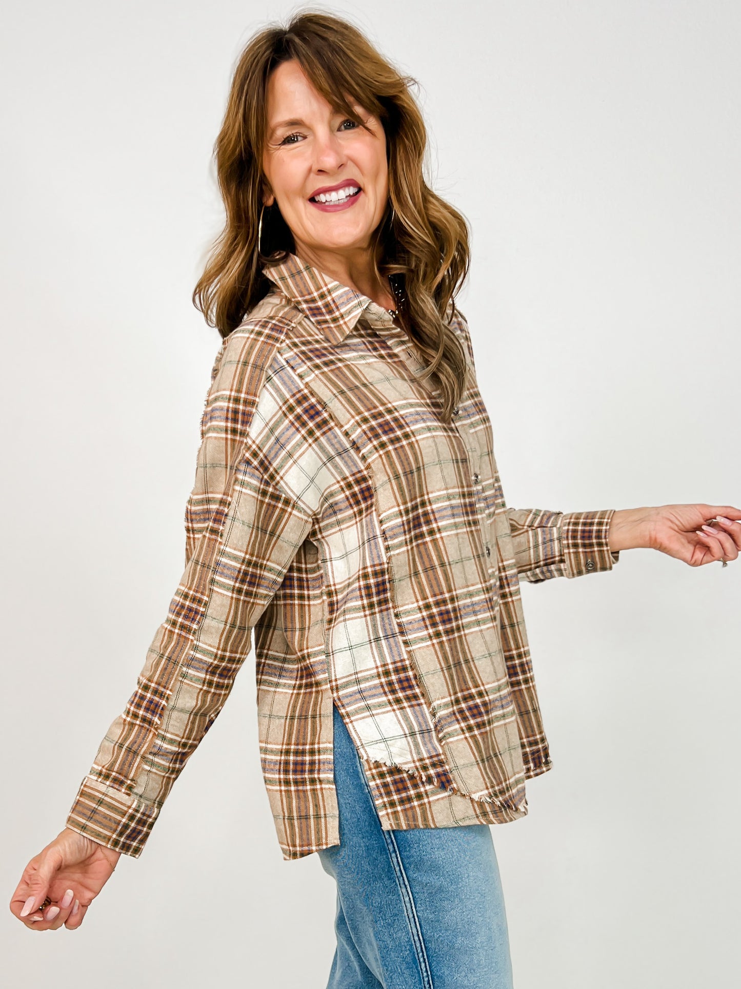 Long Sleeve Button Down Collared Plaid Top