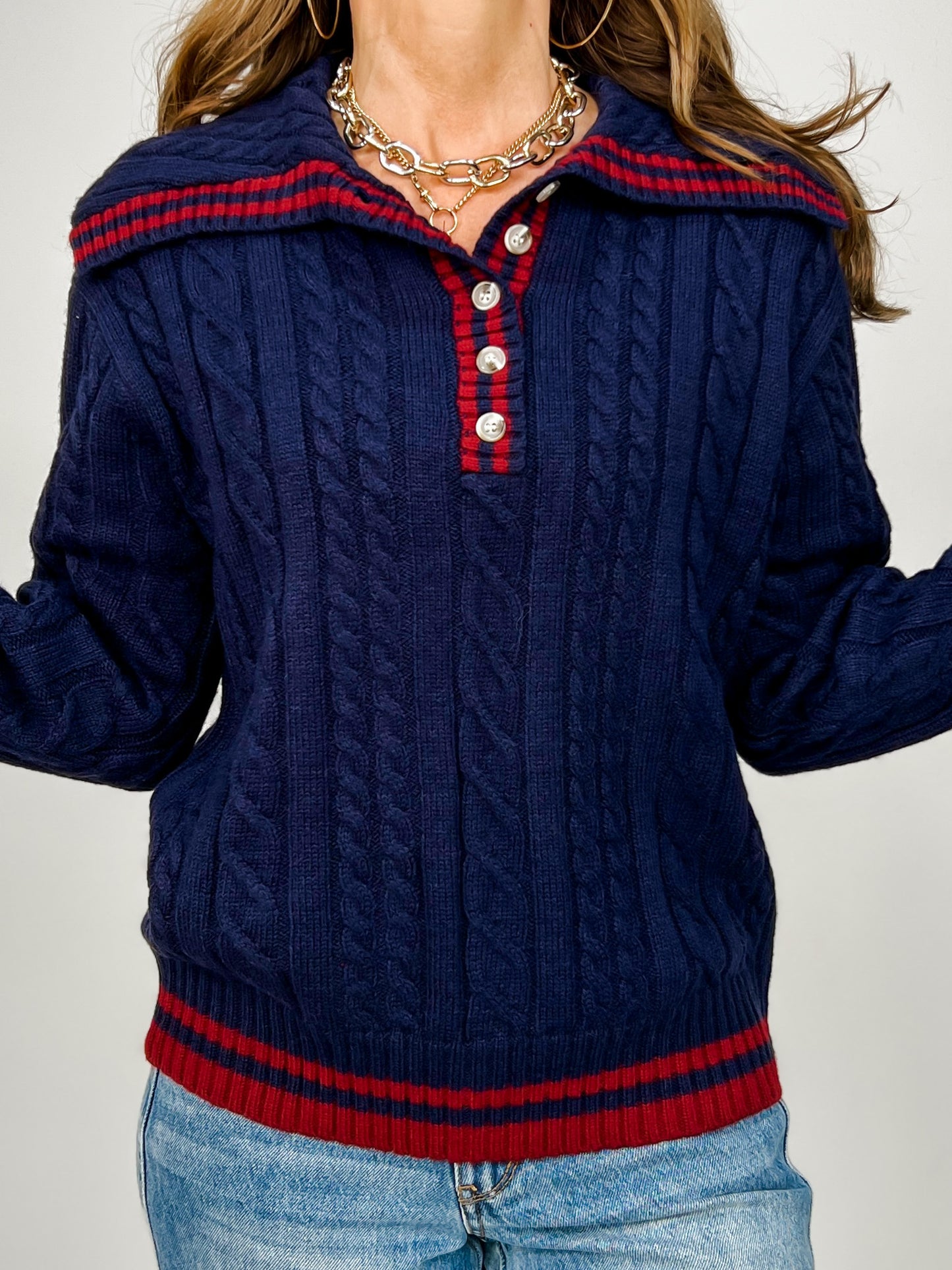 Wide Collared Cable Knit Polo Sweater Top