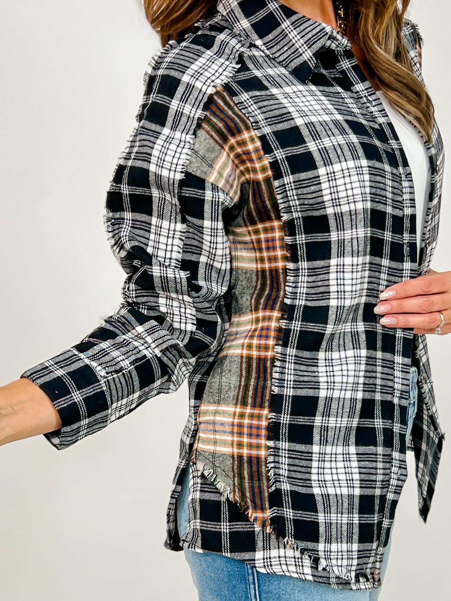 Long Sleeve Button Down Collared Plaid Top