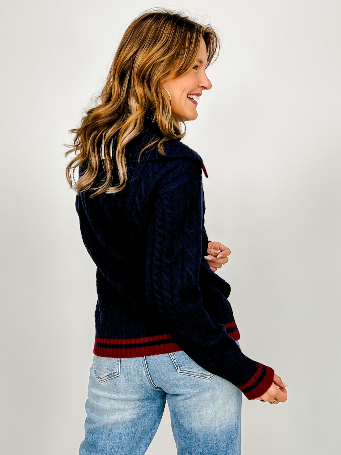 Wide Collared Cable Knit Polo Sweater Top