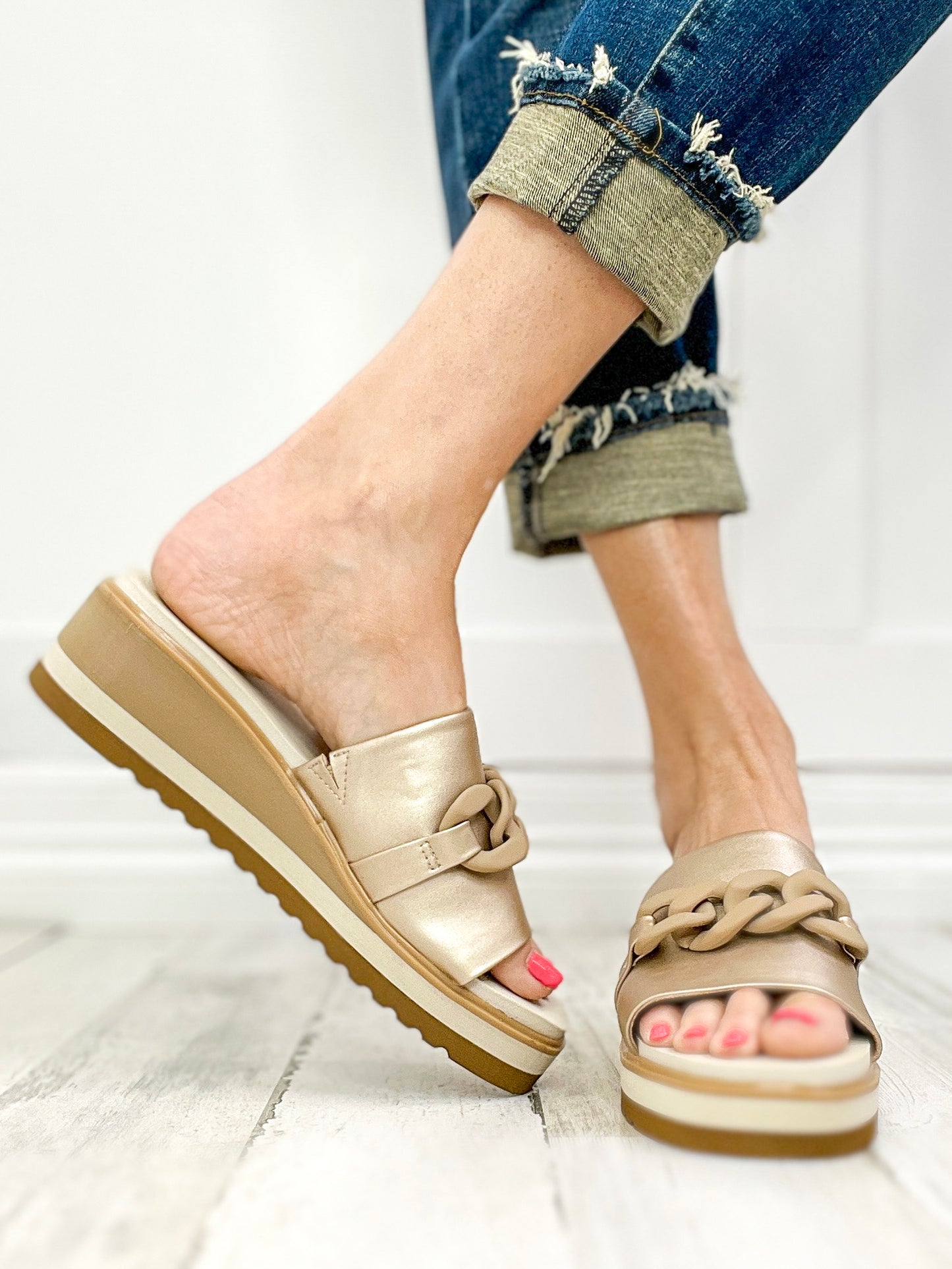 Yellowbox Alora Wedge Slide Sandals in Gold