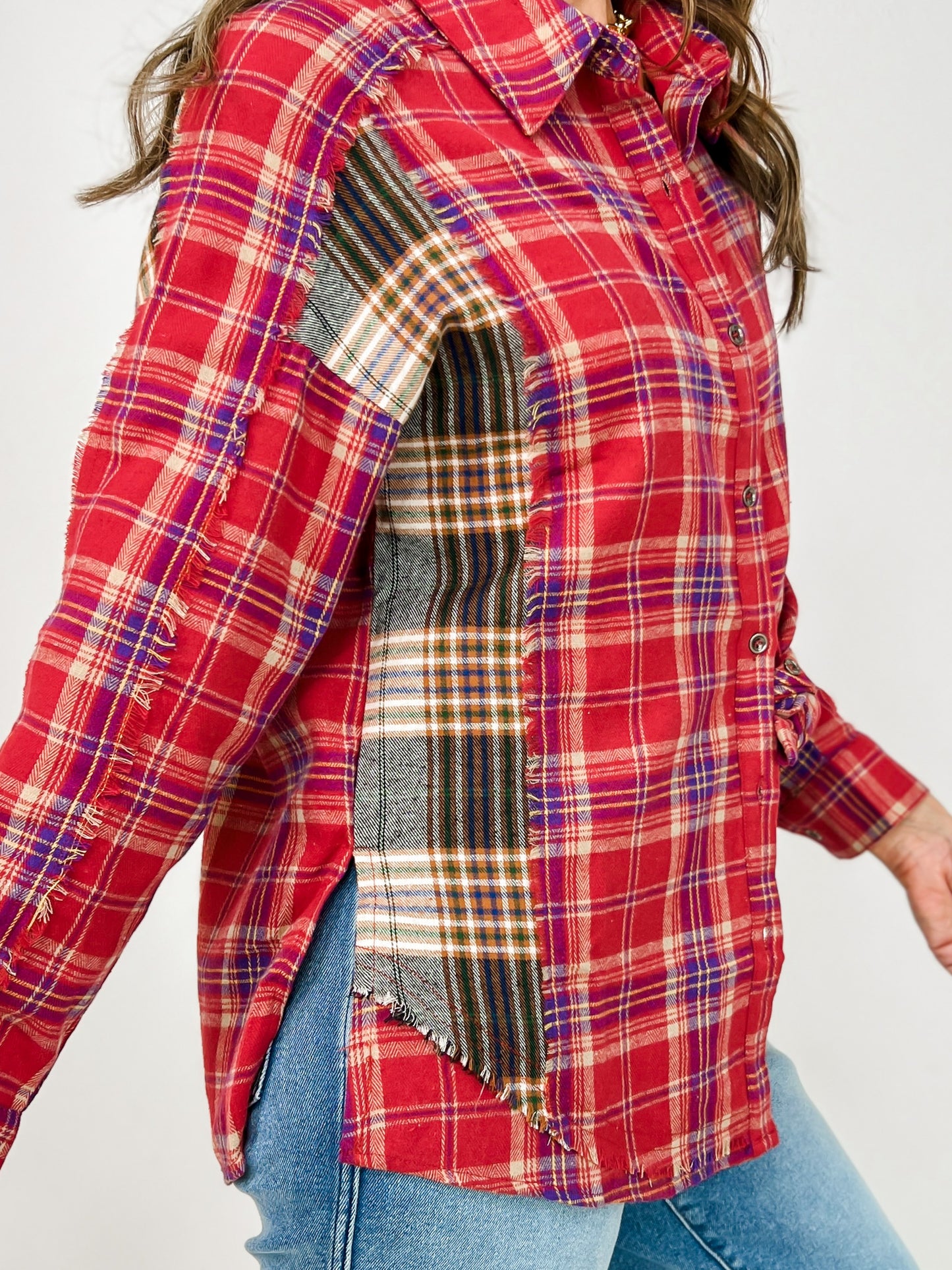 Long Sleeve Button Down Collared Plaid Top