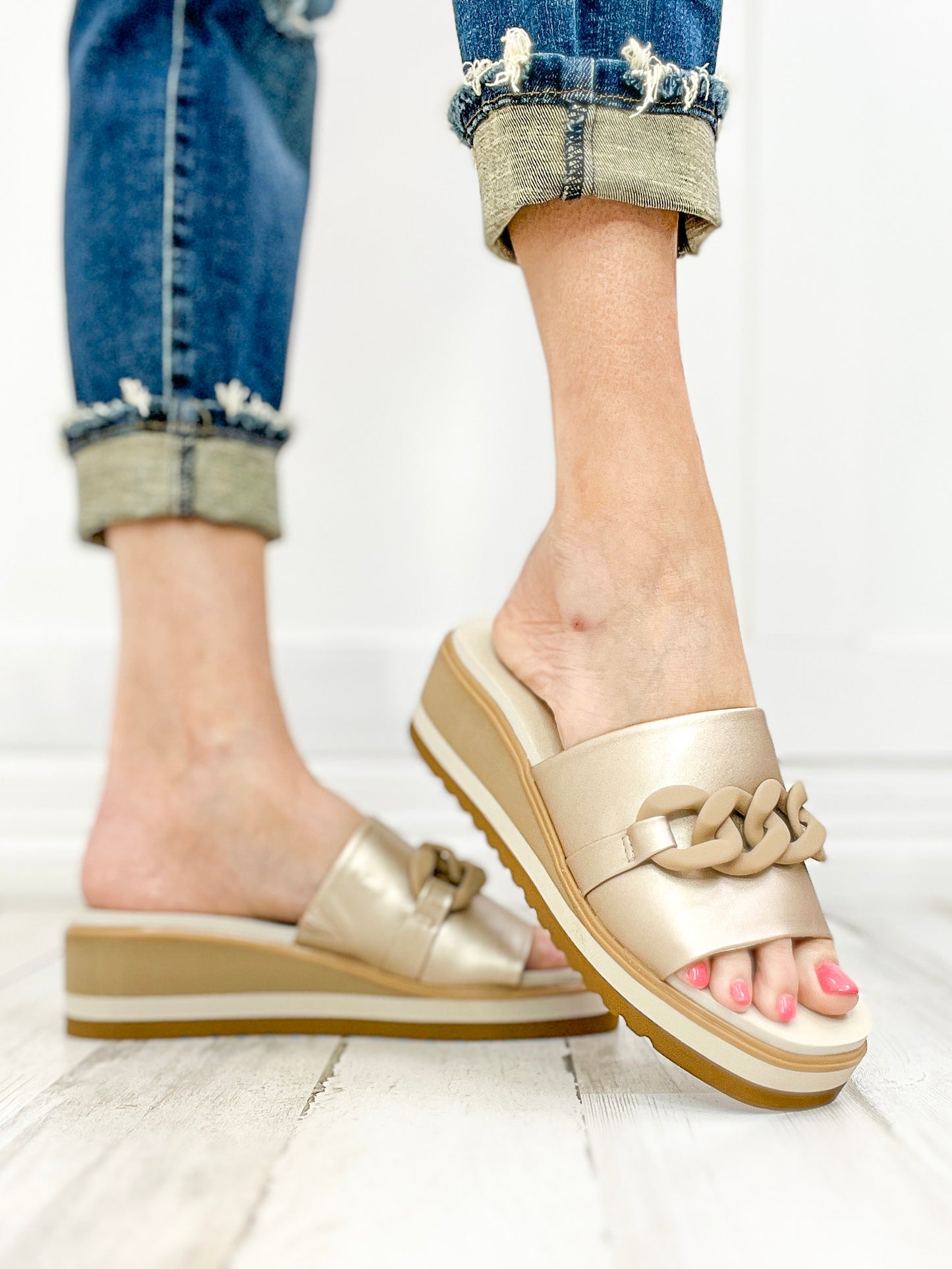 Yellowbox Alora Wedge Slide Sandals in Gold