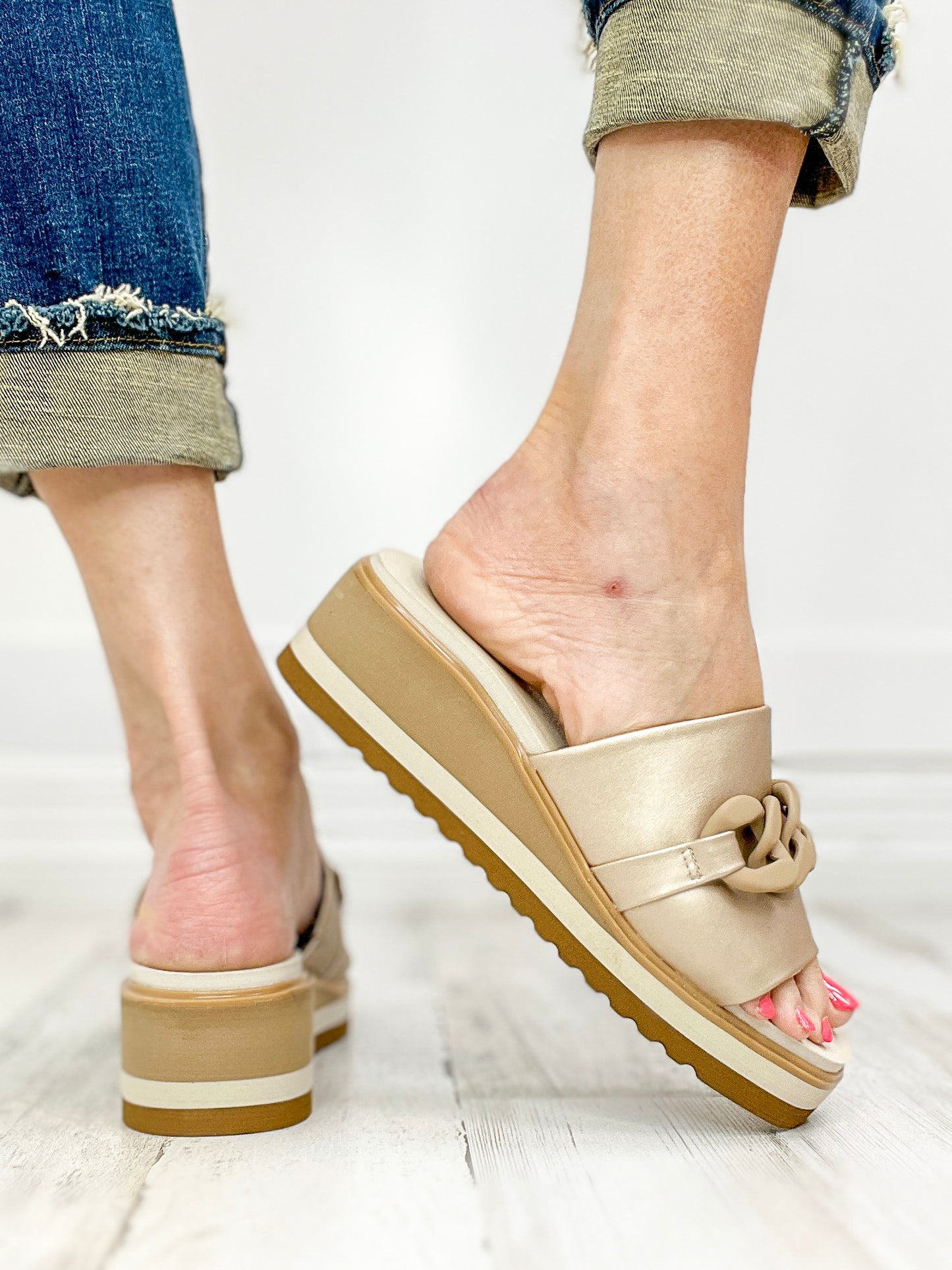 Yellowbox Alora Wedge Slide Sandals in Gold