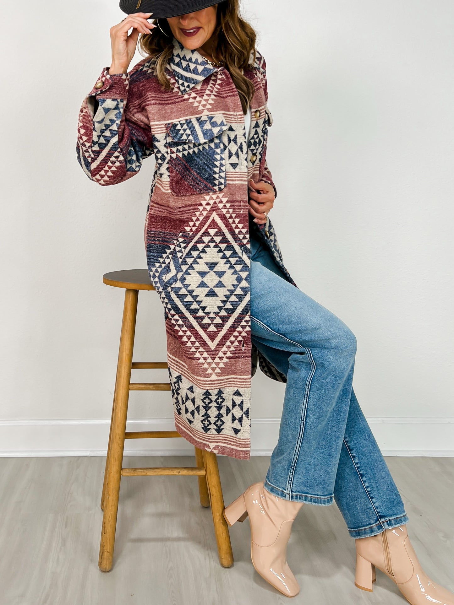 Aztec Print Button Down Long Shacket Coat