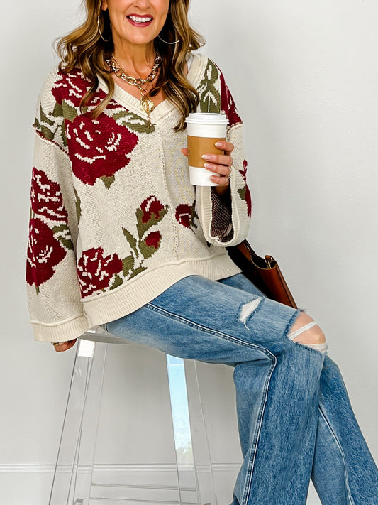 V-Neck Long Sleeve Sweater with Floral Pattern