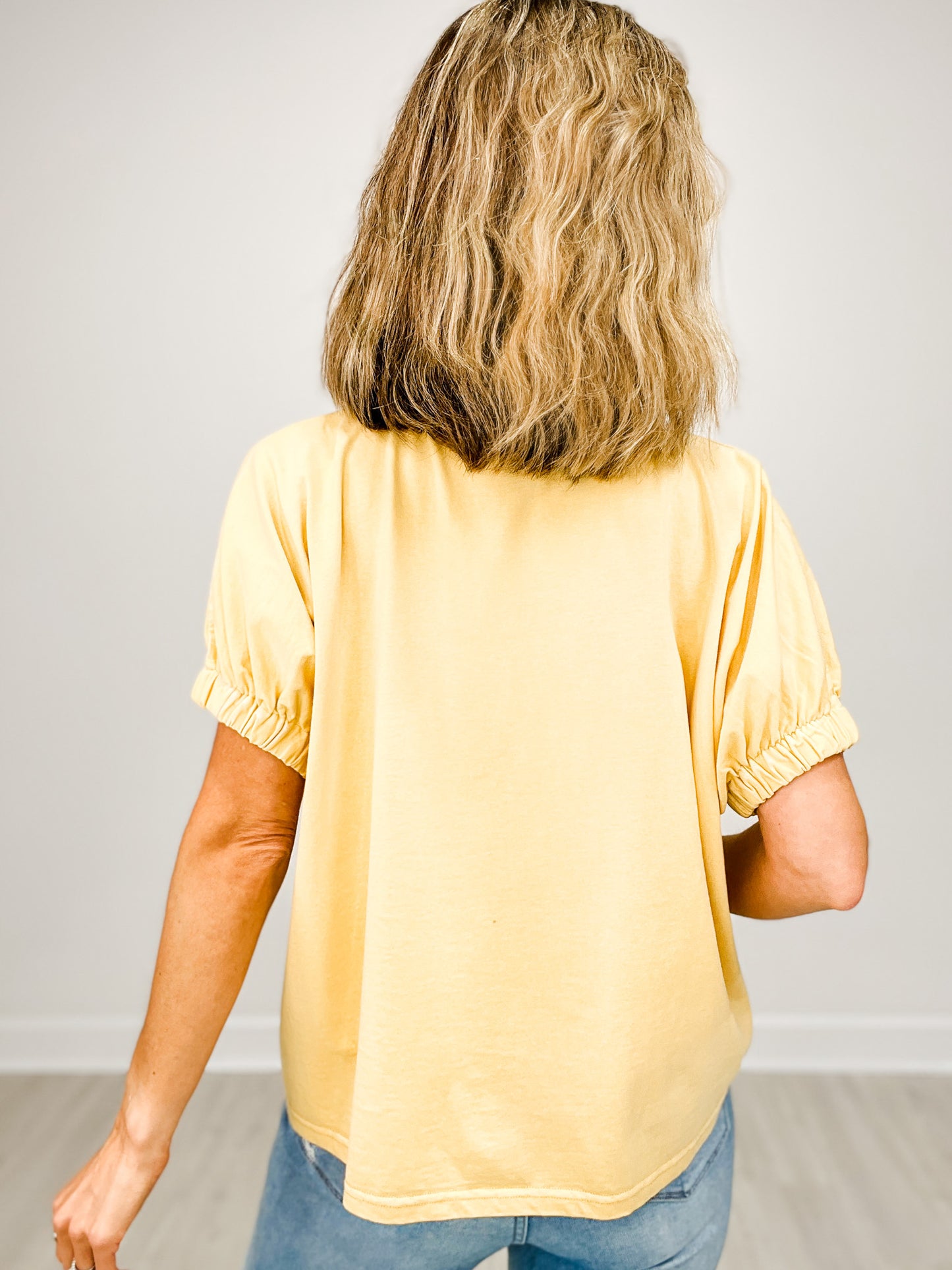 Garment Wash V-Neck Elastic Sleeve Top