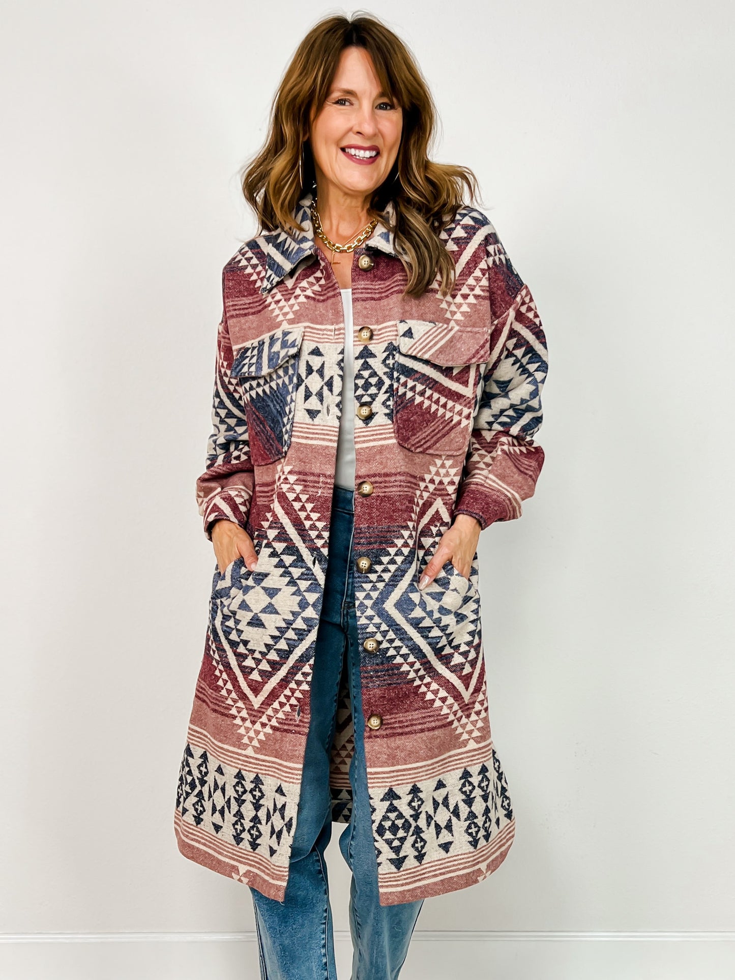 Aztec Print Button Down Long Shacket Coat
