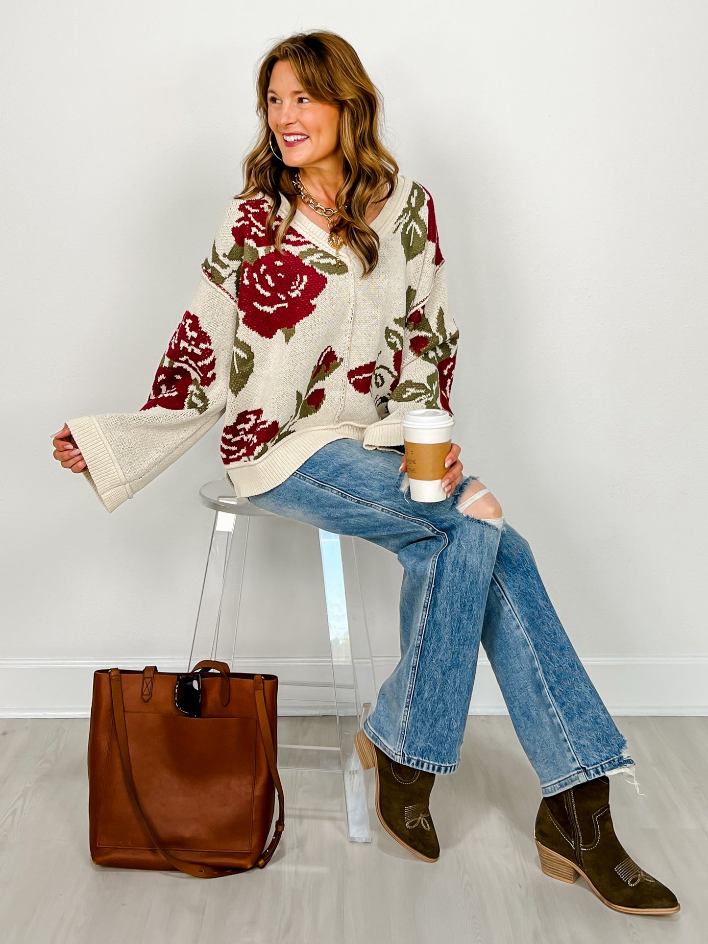 V-Neck Long Sleeve Sweater with Floral Pattern