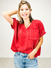 Garment Wash V-Neck Elastic Sleeve Top
