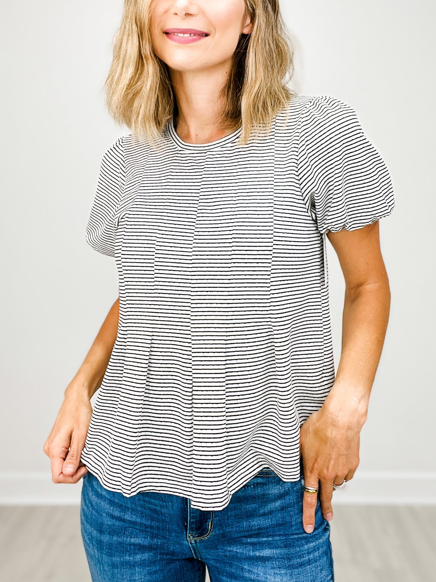 Short Sleeve Pleat Detail Striped Knit Top