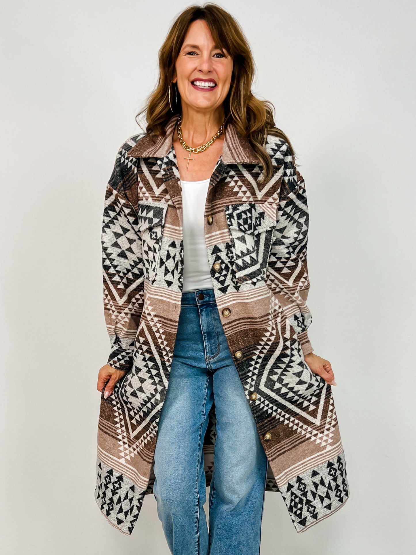 Aztec Print Button Down Long Shacket Coat
