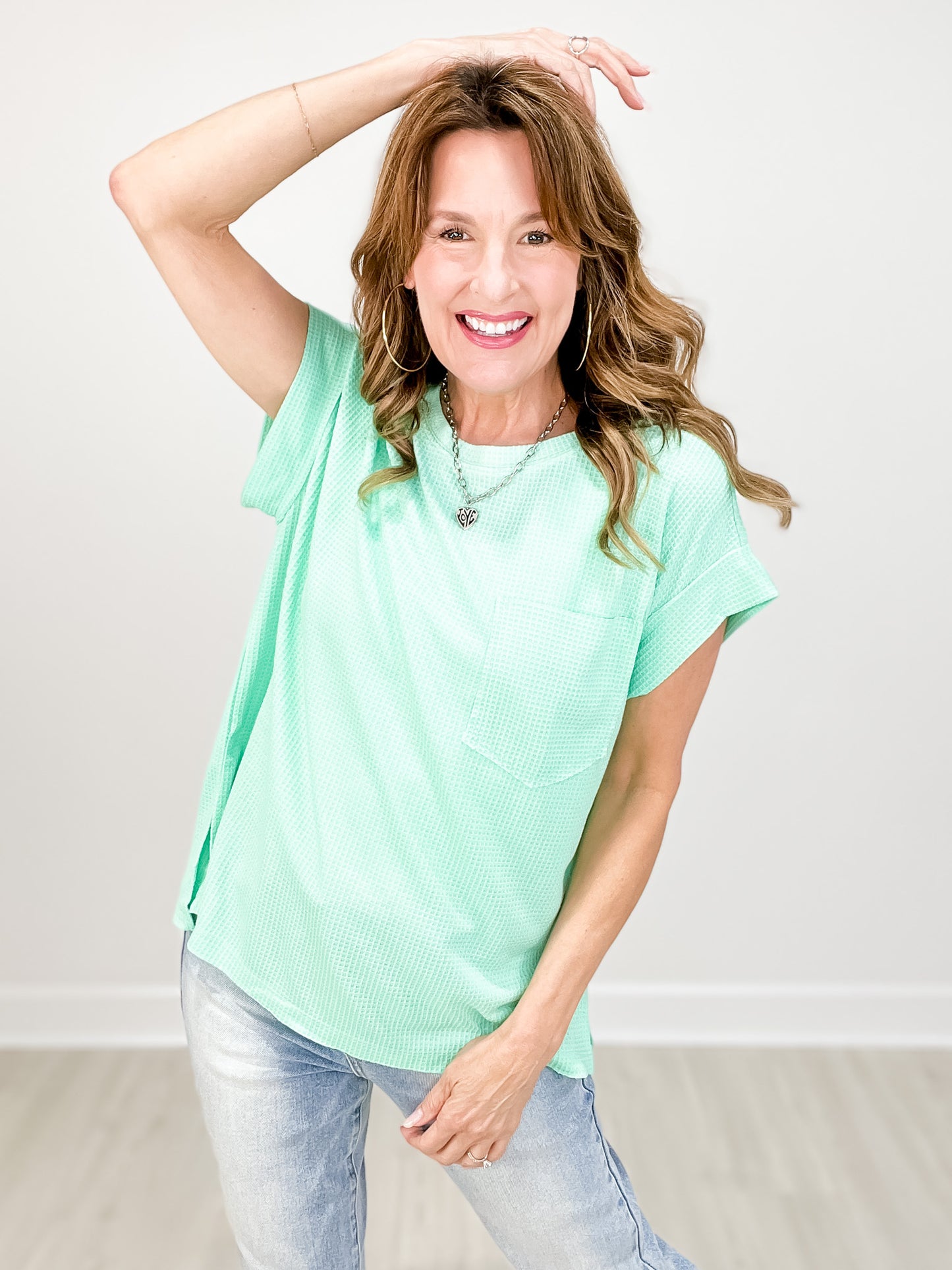 Short Sleeve Dolman Top with Round Neckline in CASCADE MINT