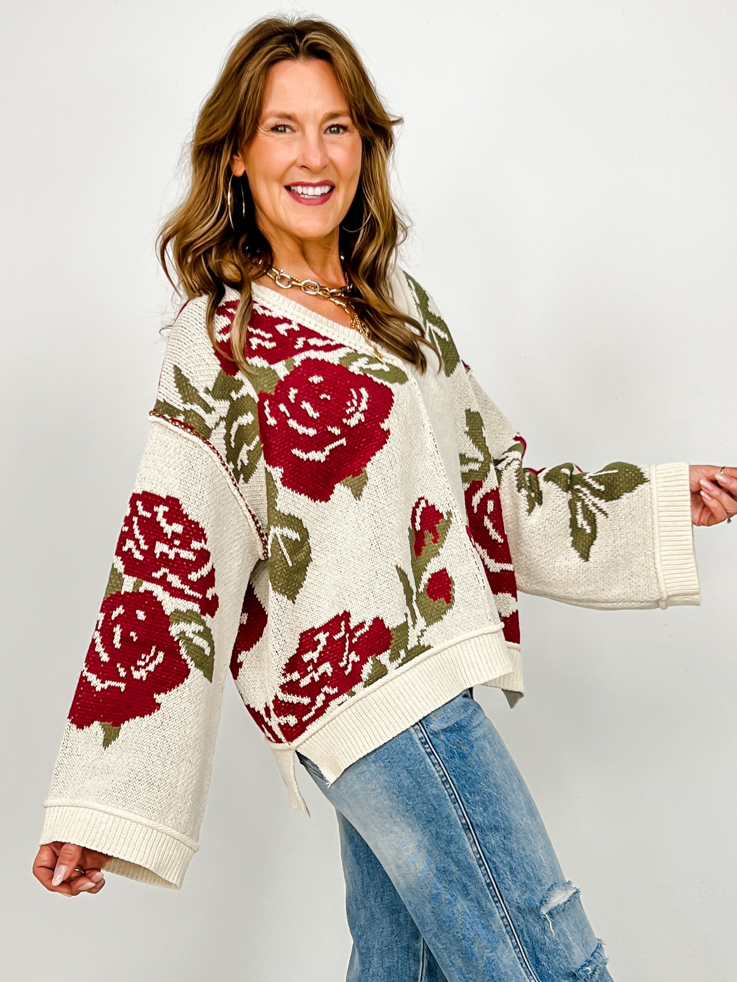 V-Neck Long Sleeve Sweater with Floral Pattern
