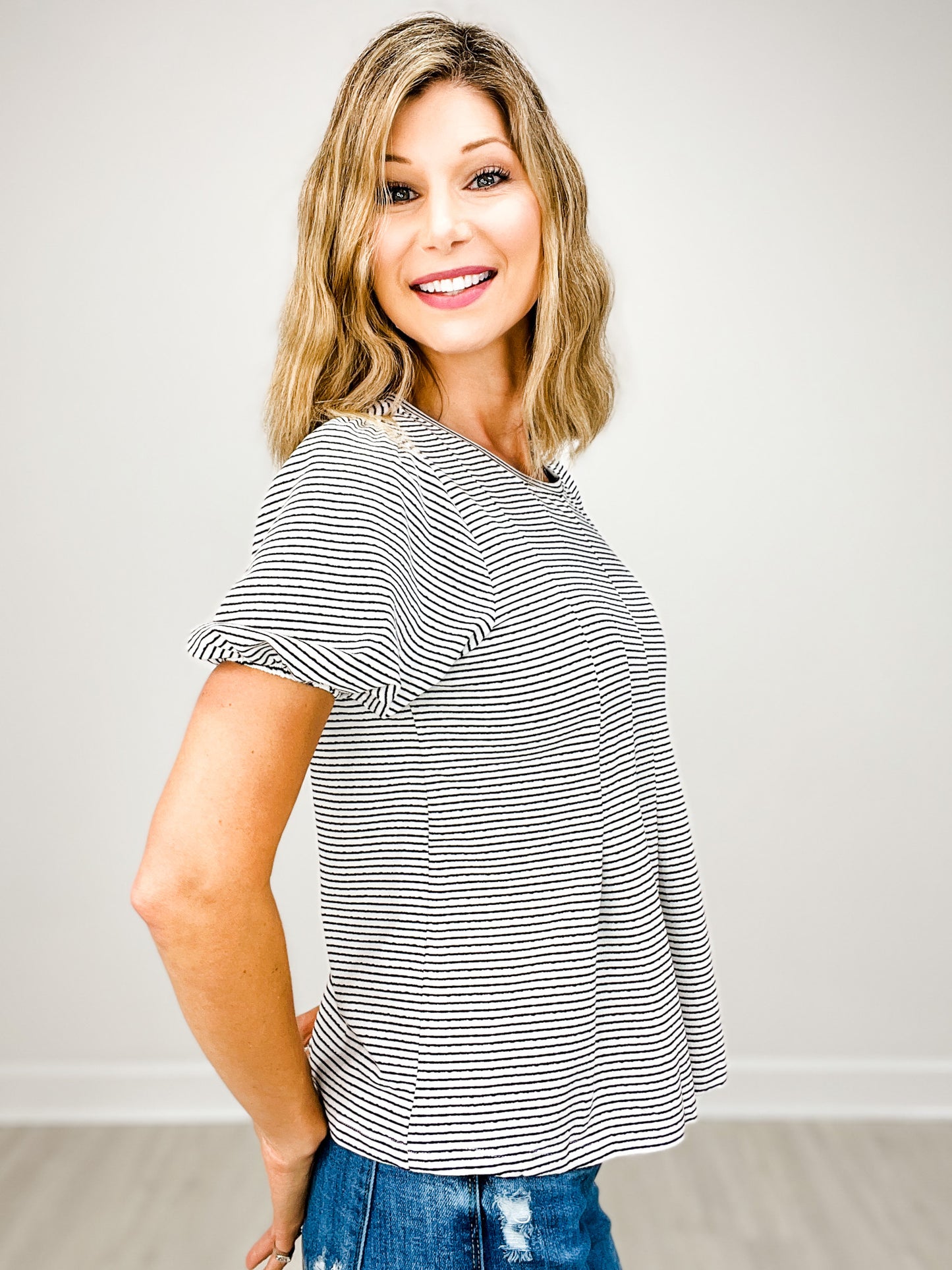 Short Sleeve Pleat Detail Striped Knit Top