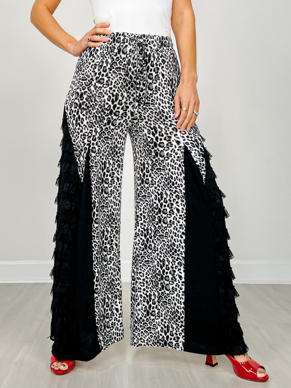 Leopard Print Wide Leg Pants with Lace Inserts
