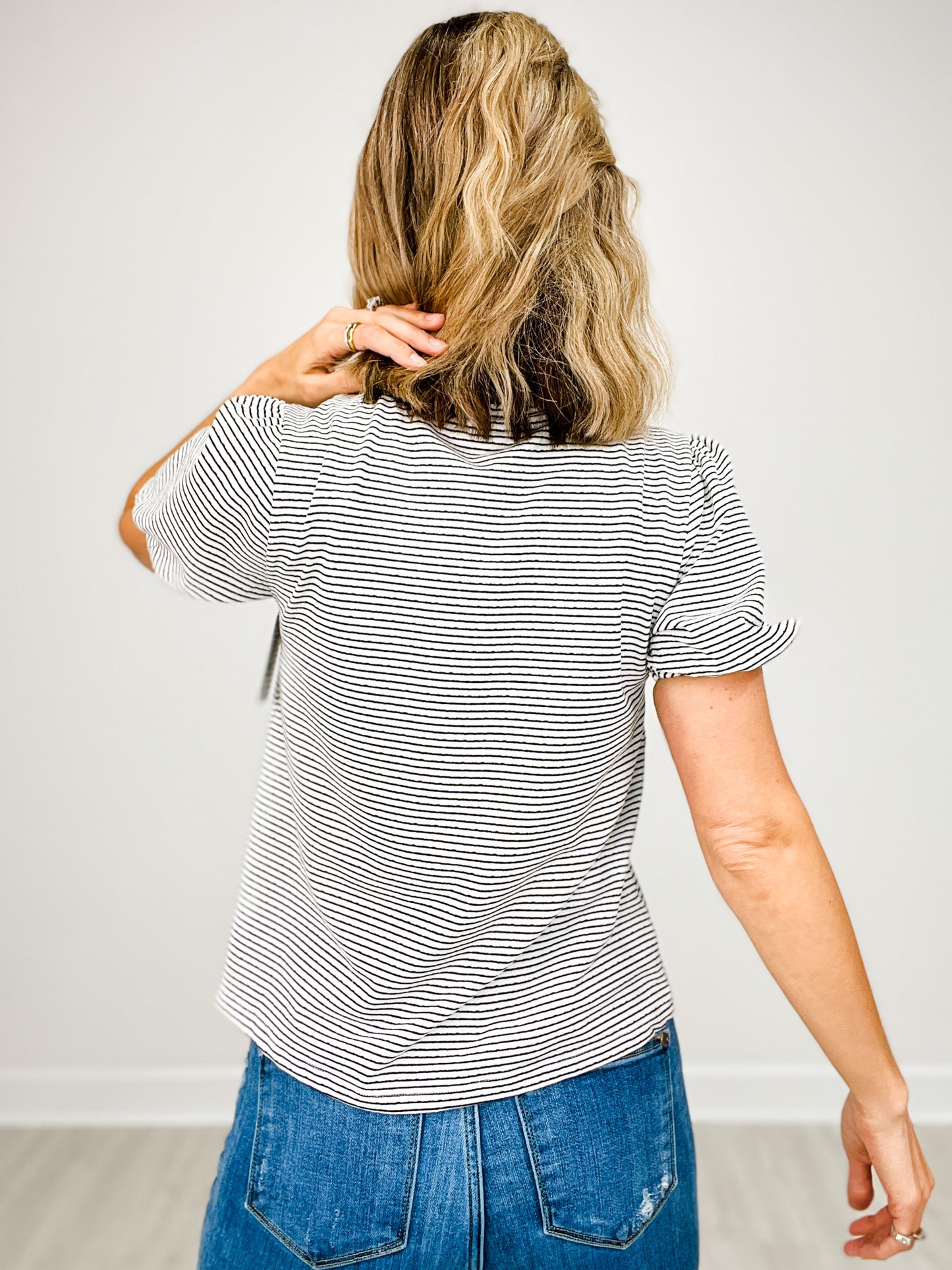 Short Sleeve Pleat Detail Striped Knit Top