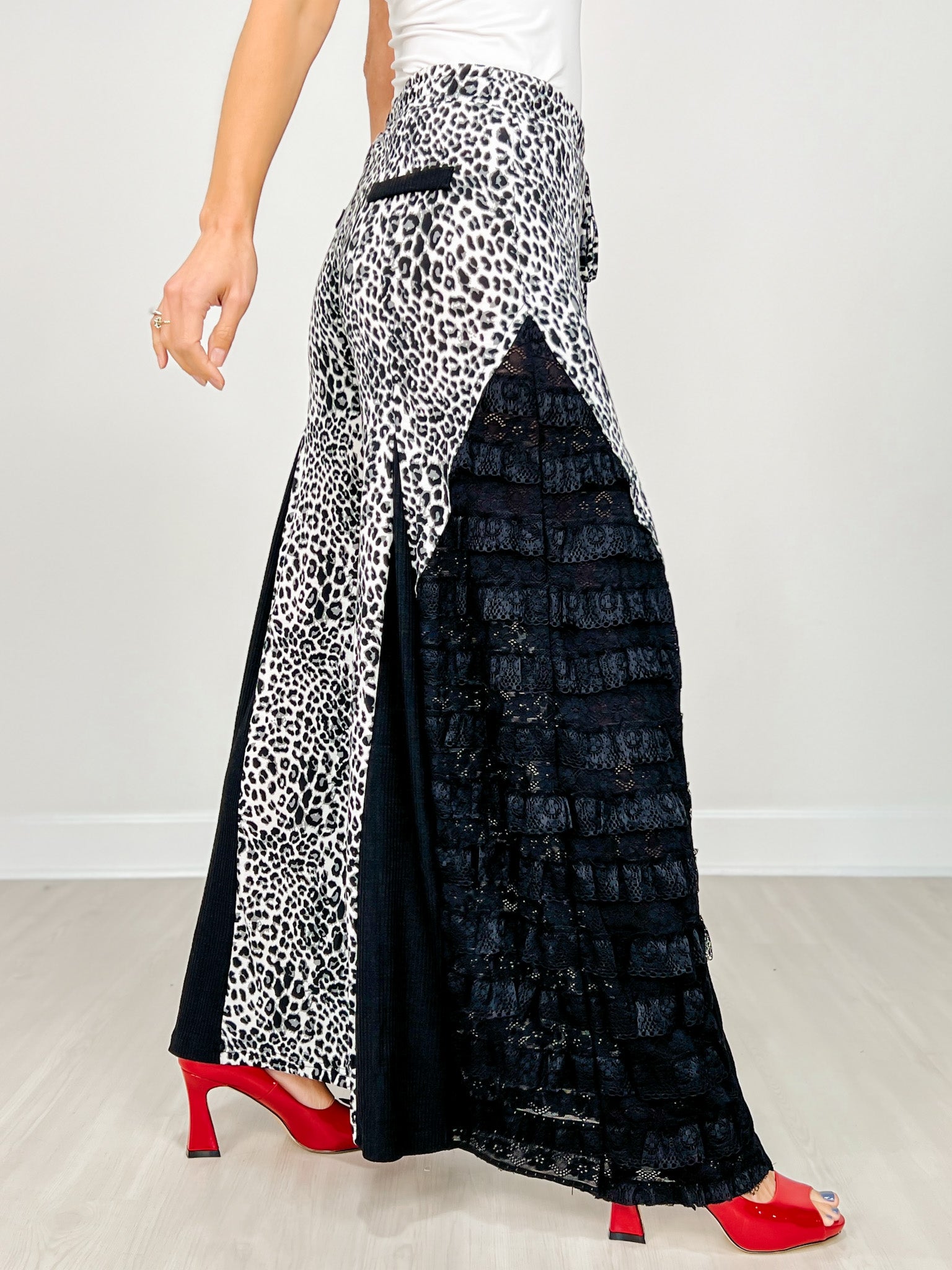 Leopard Print Wide Leg Pants with Lace Inserts