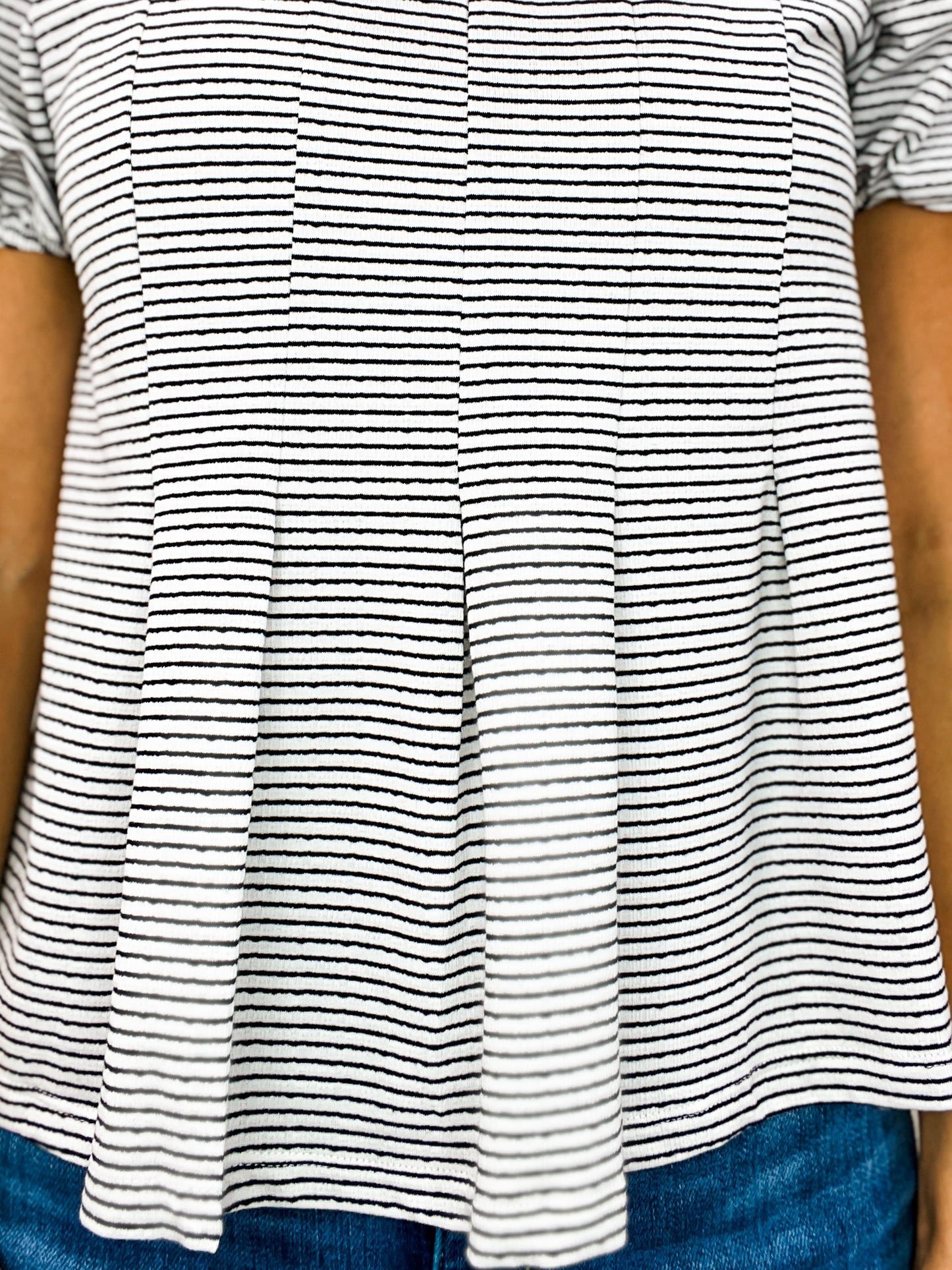 Short Sleeve Pleat Detail Striped Knit Top