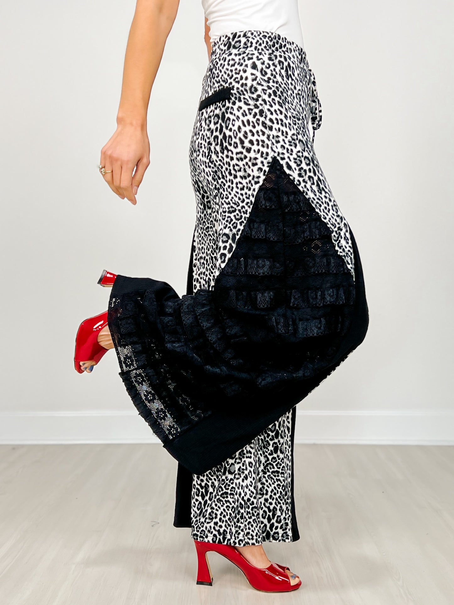 Leopard Print Wide Leg Pants with Lace Inserts
