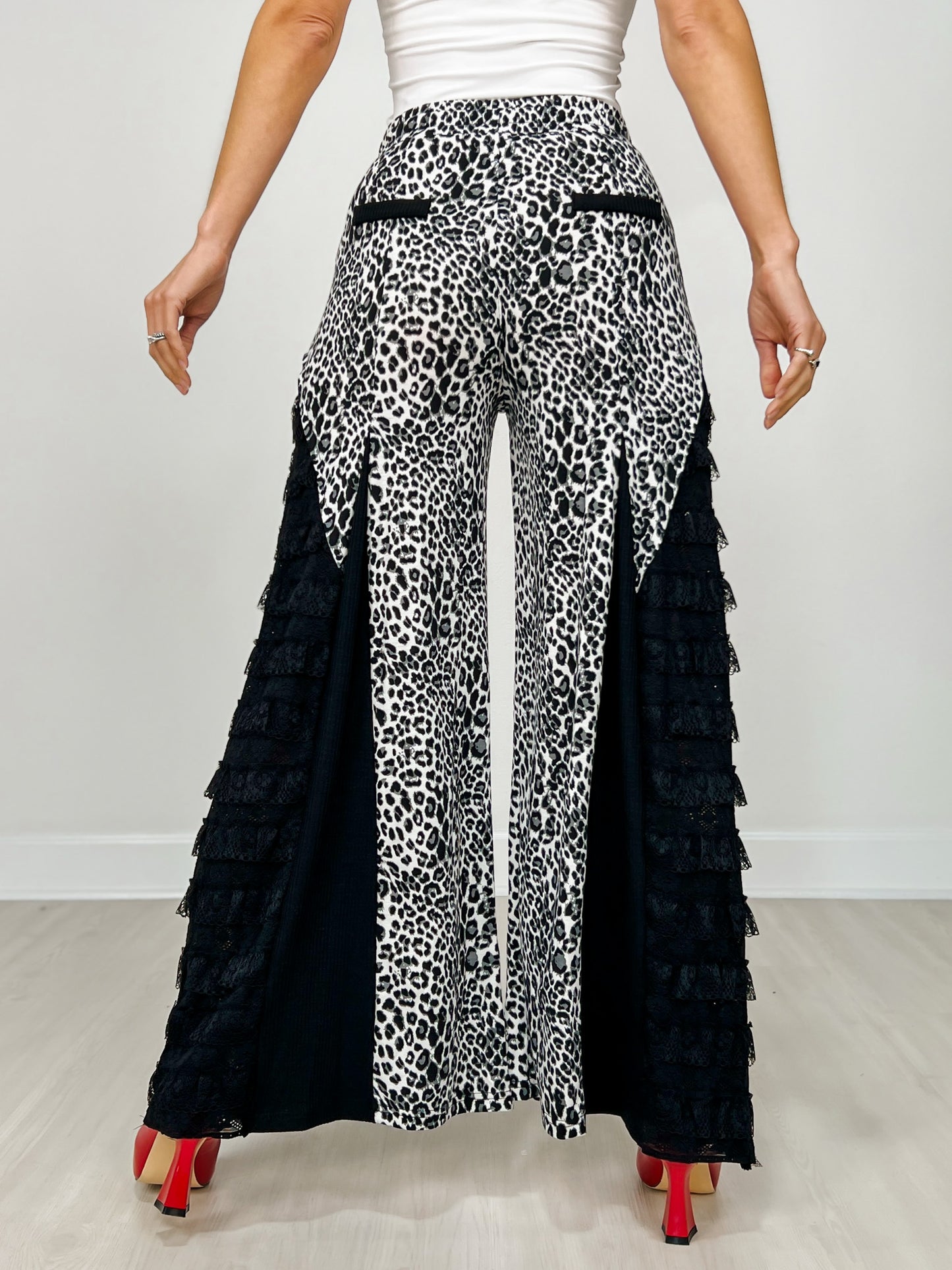 Leopard Print Wide Leg Pants with Lace Inserts