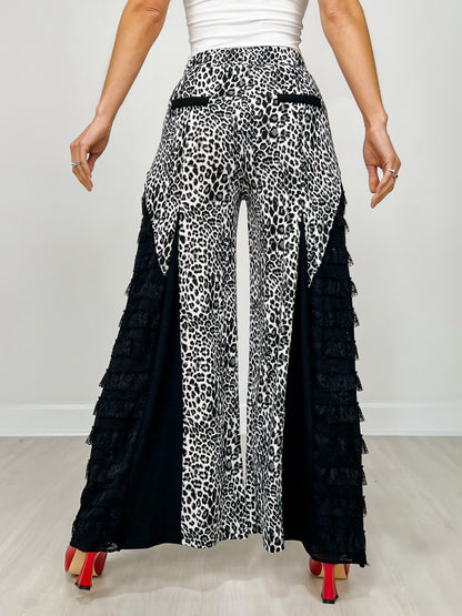Leopard Print Wide Leg Pants with Lace Inserts