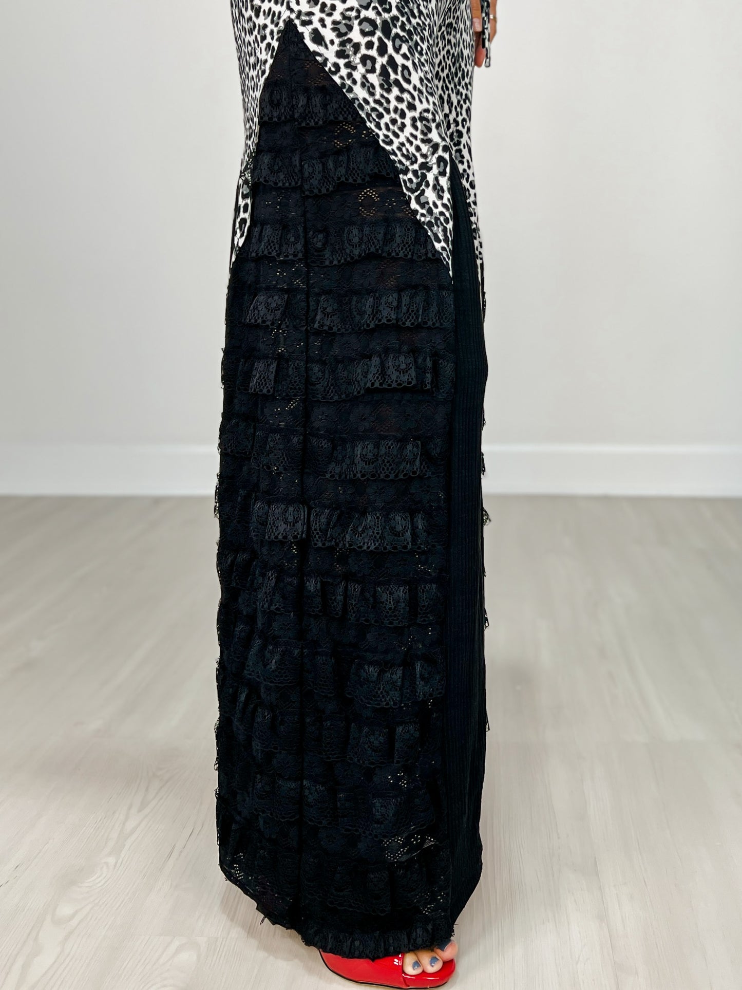 Leopard Print Wide Leg Pants with Lace Inserts