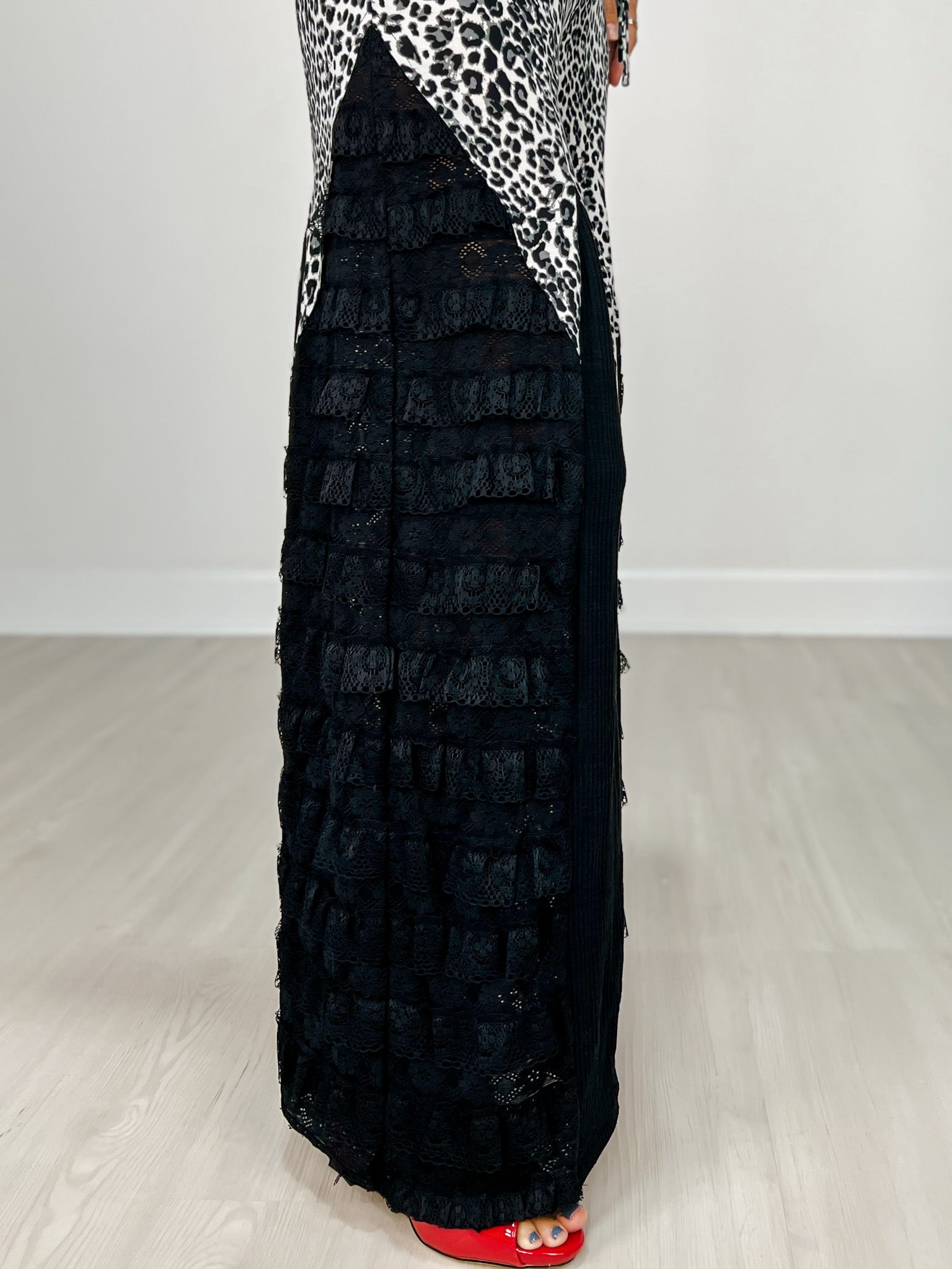 Leopard Print Wide Leg Pants with Lace Inserts