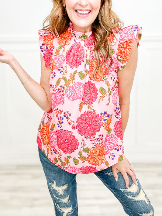 Blooming Good Time Floral Print High Ruffle Neck Boxy Top