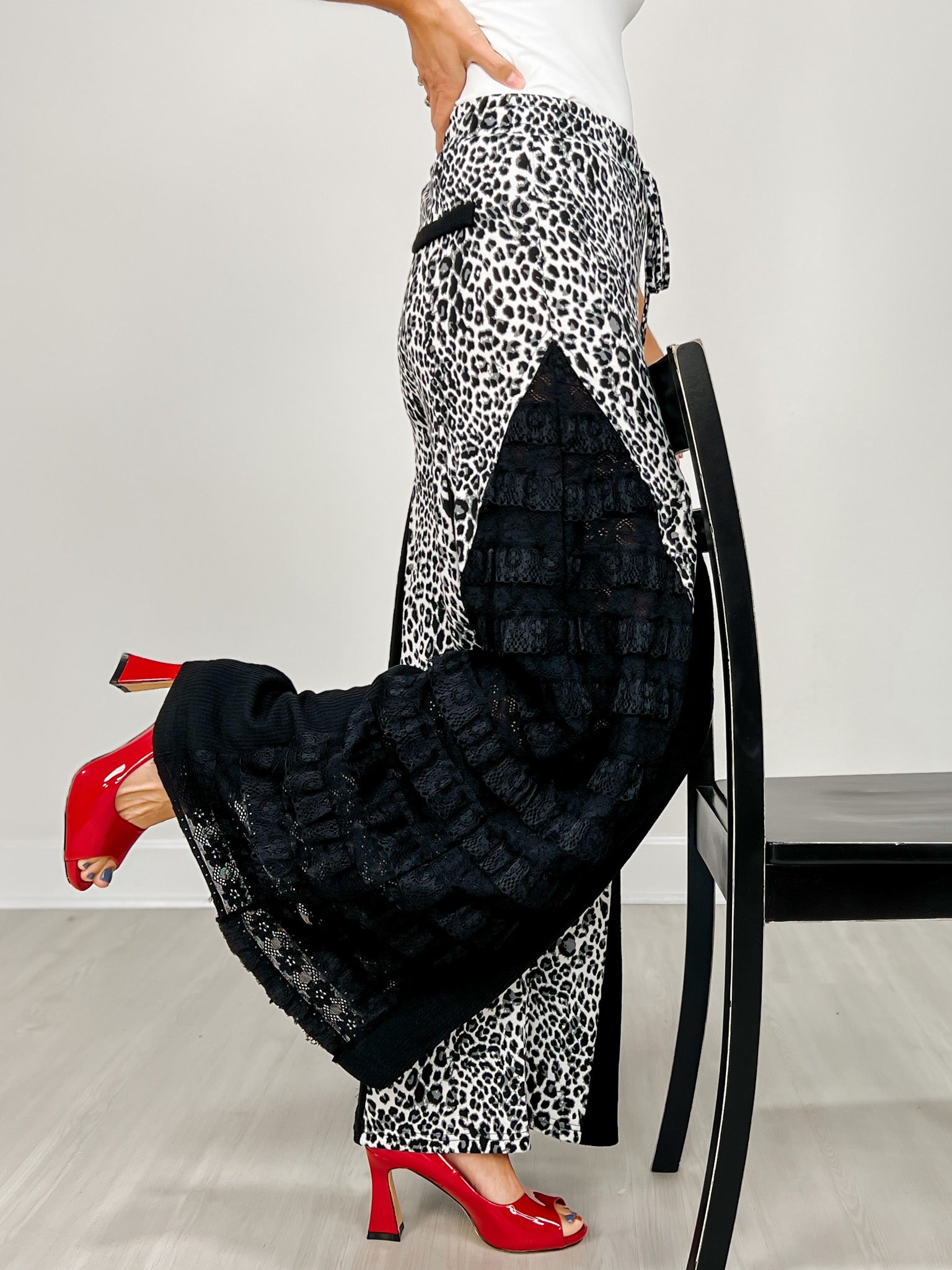 Leopard Print Wide Leg Pants with Lace Inserts