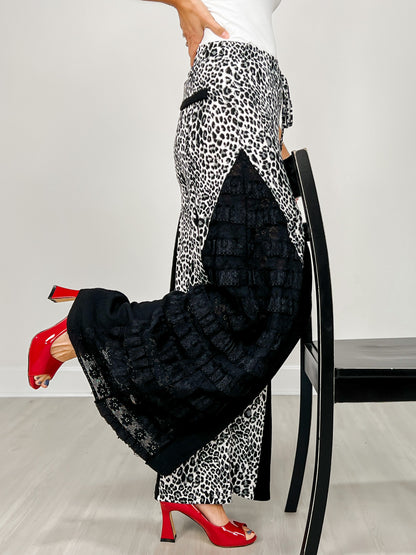 Leopard Print Wide Leg Pants with Lace Inserts