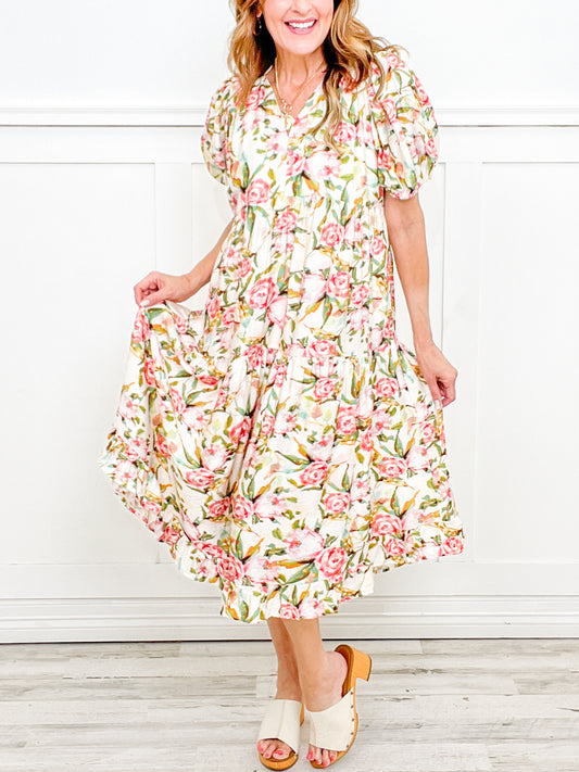 Garden of Sunshine Floral Print Sweet Heart Neckline Midi Dress