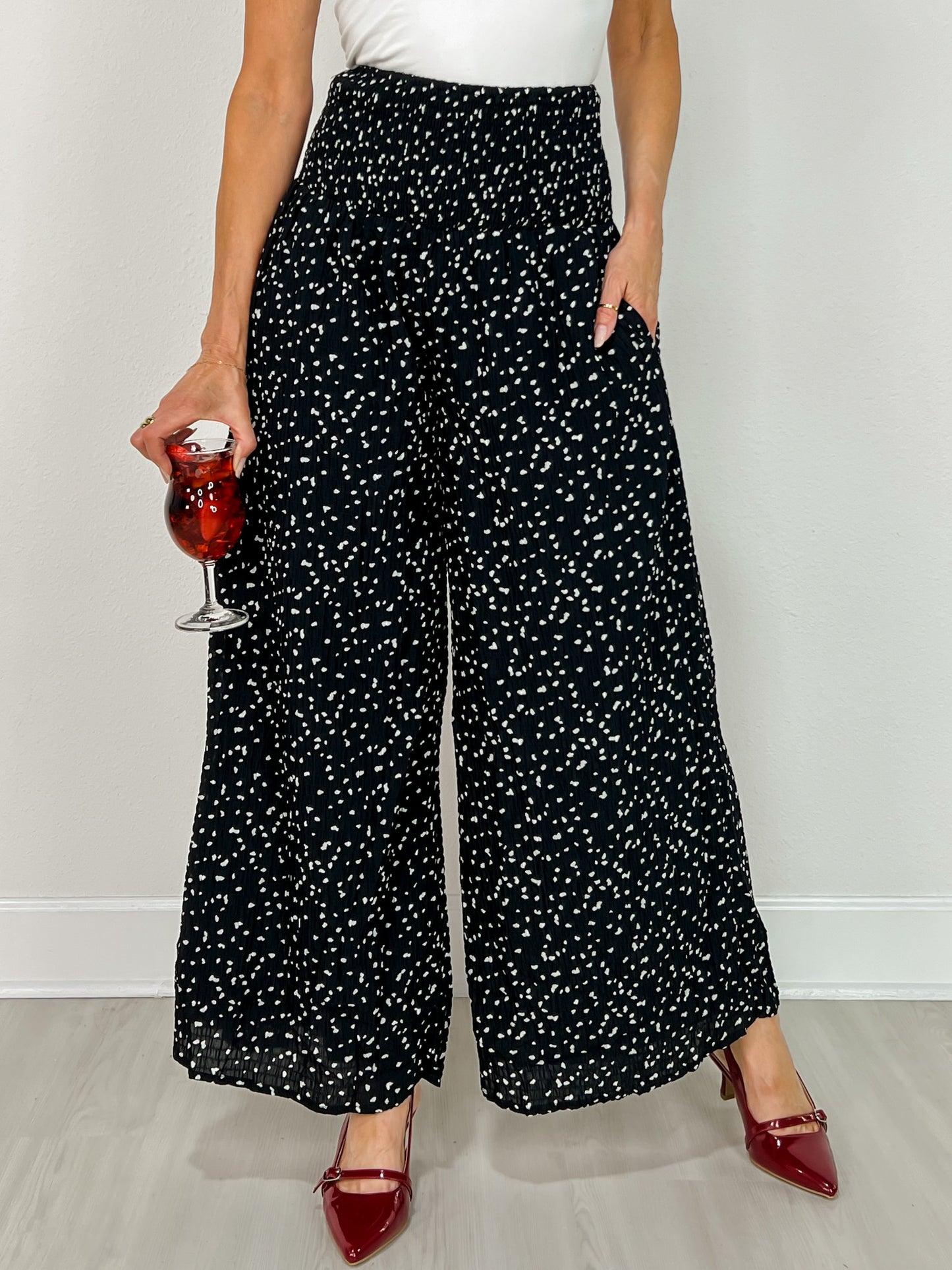 Smocked High Waist Spotted Knit Pants