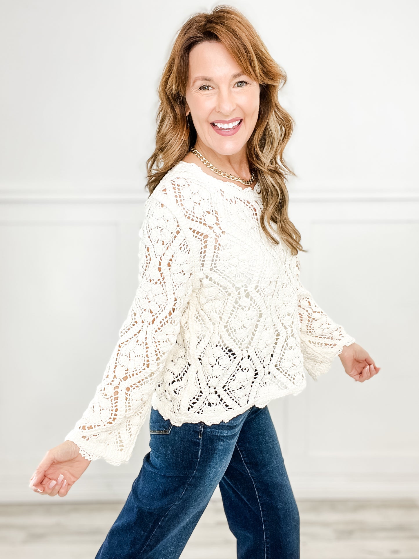 Open knitted crochet pullover sweater