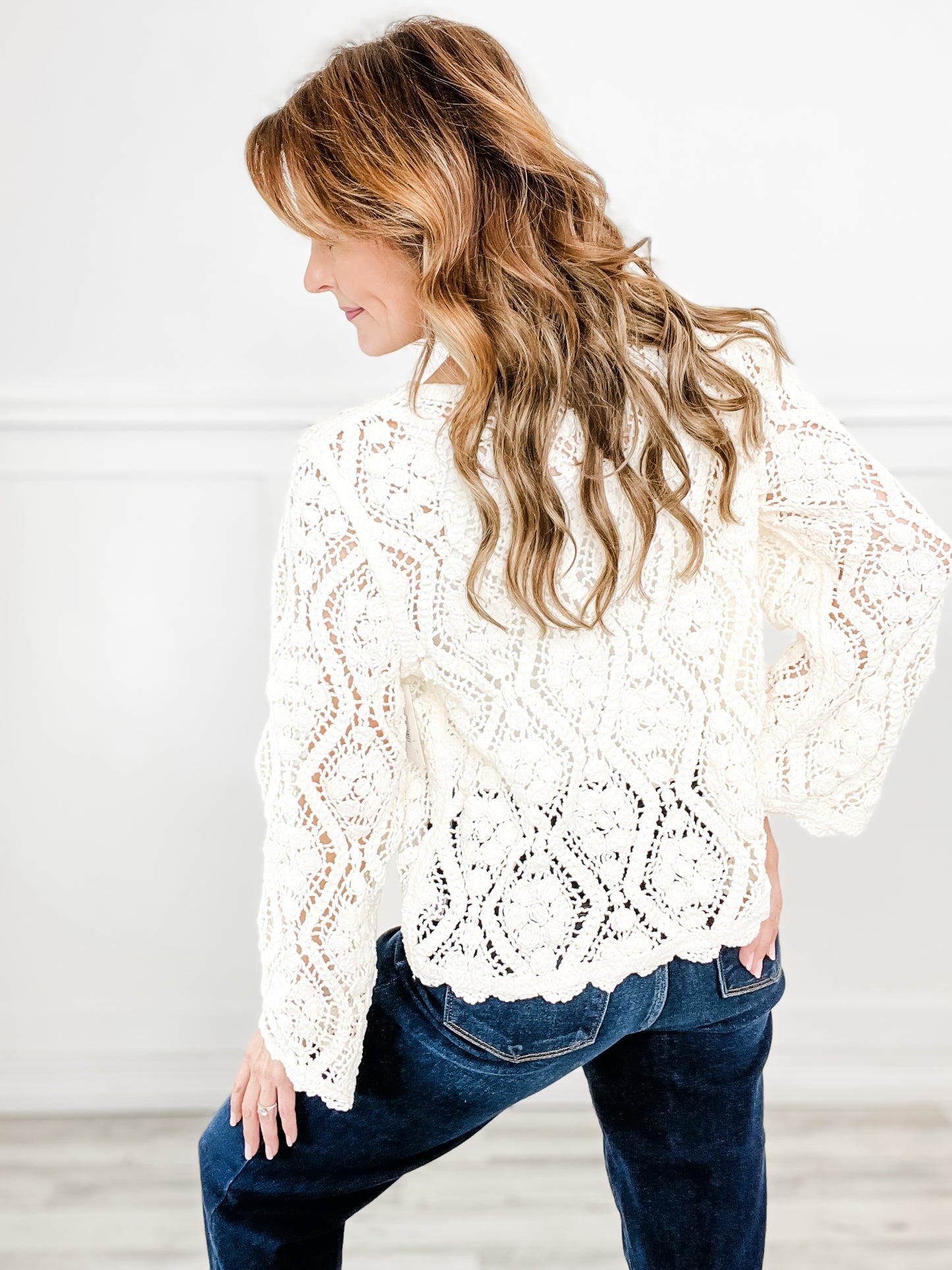 Open knitted crochet pullover sweater