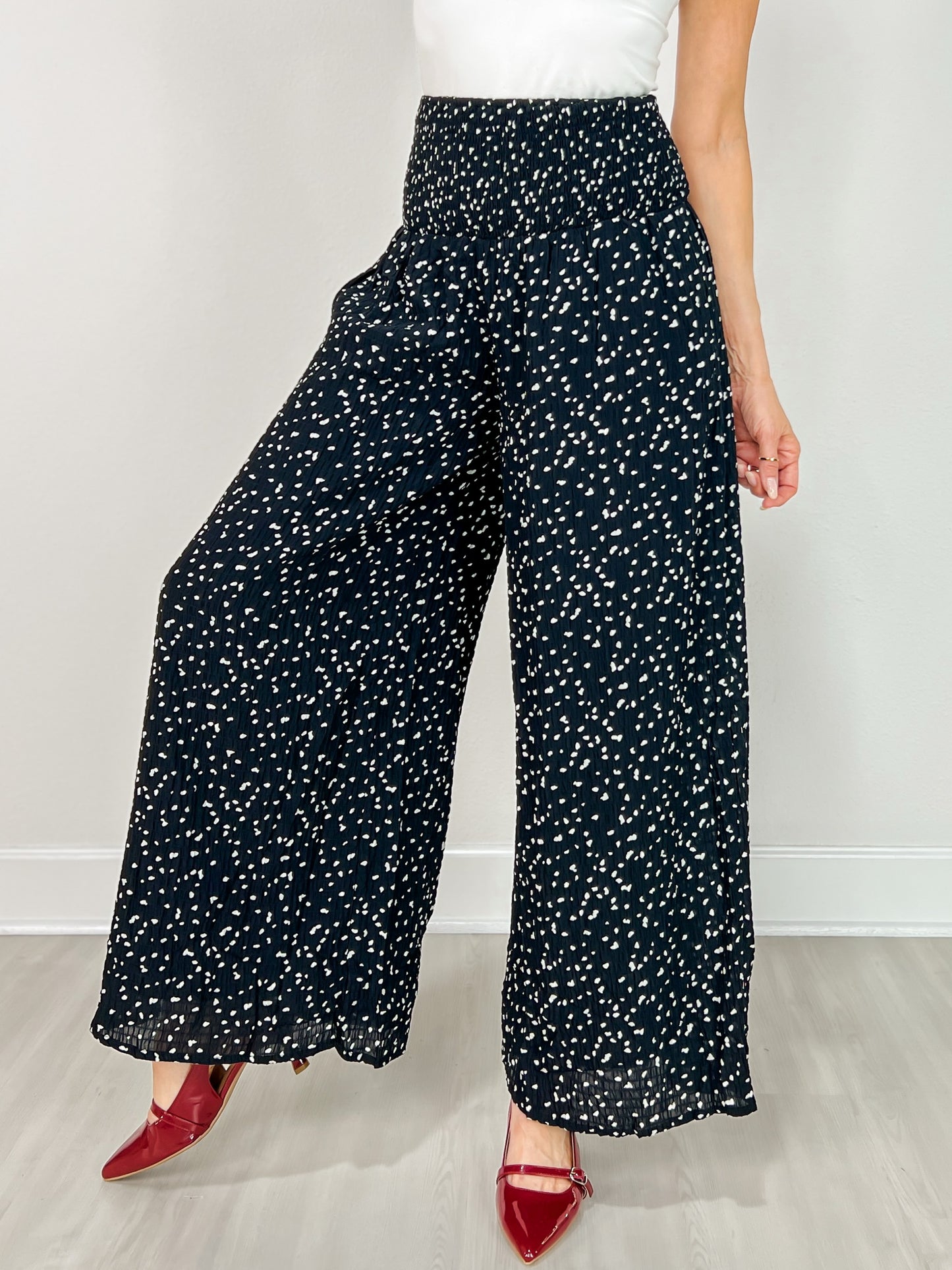 Smocked High Waist Spotted Knit Pants