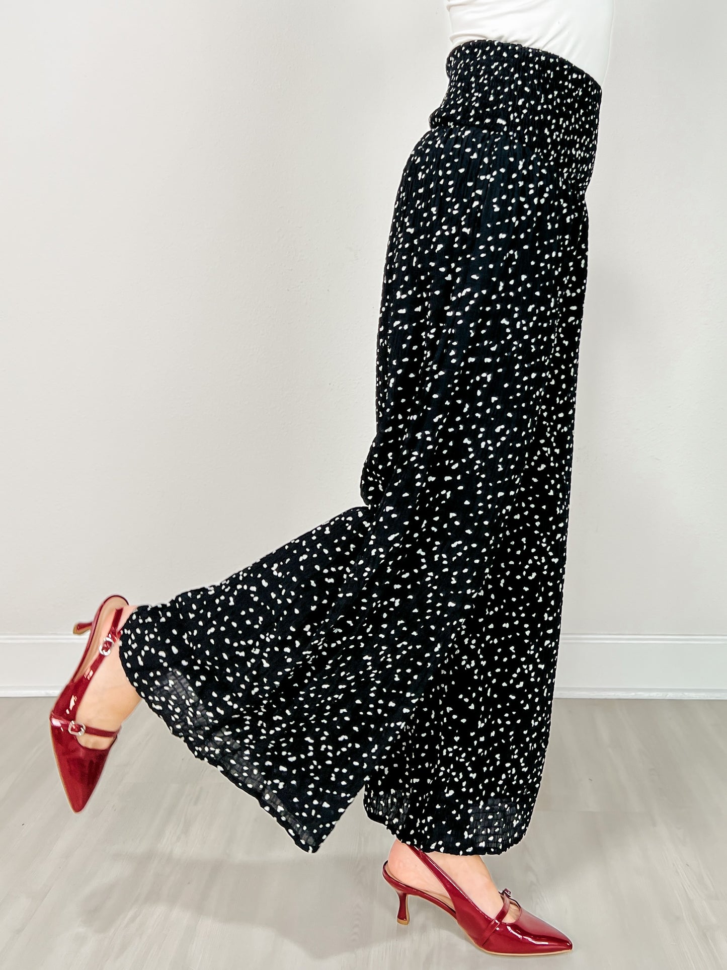 Smocked High Waist Spotted Knit Pants