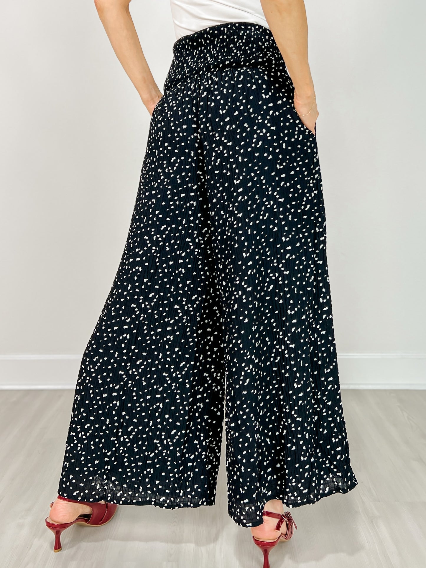 Smocked High Waist Spotted Knit Pants