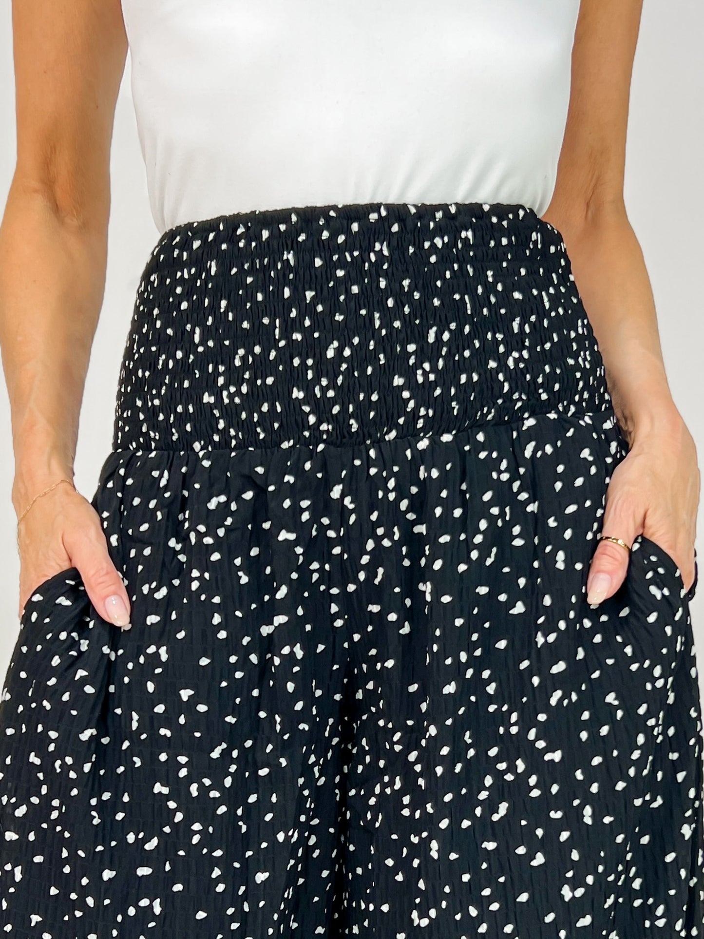 Smocked High Waist Spotted Knit Pants