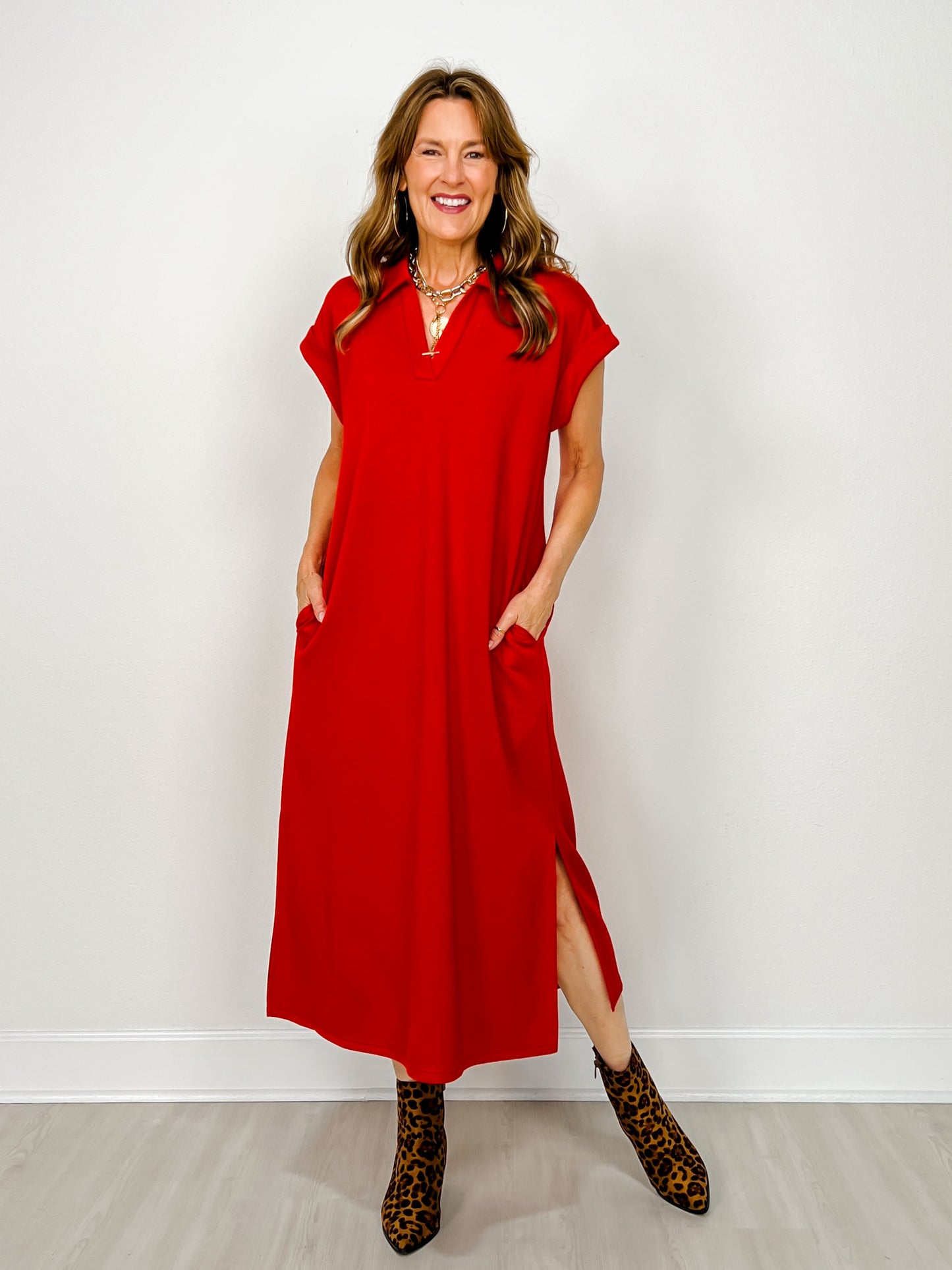Solid Collared Midi Dress With Pockets