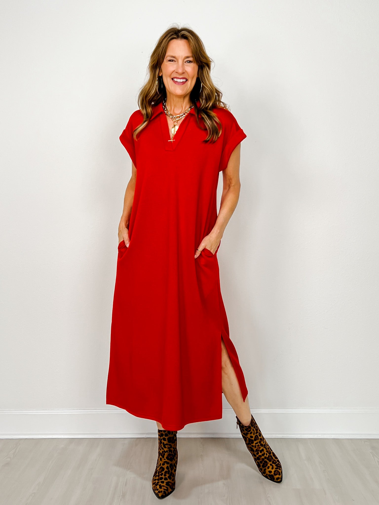 Solid Collared Midi Dress With Pockets