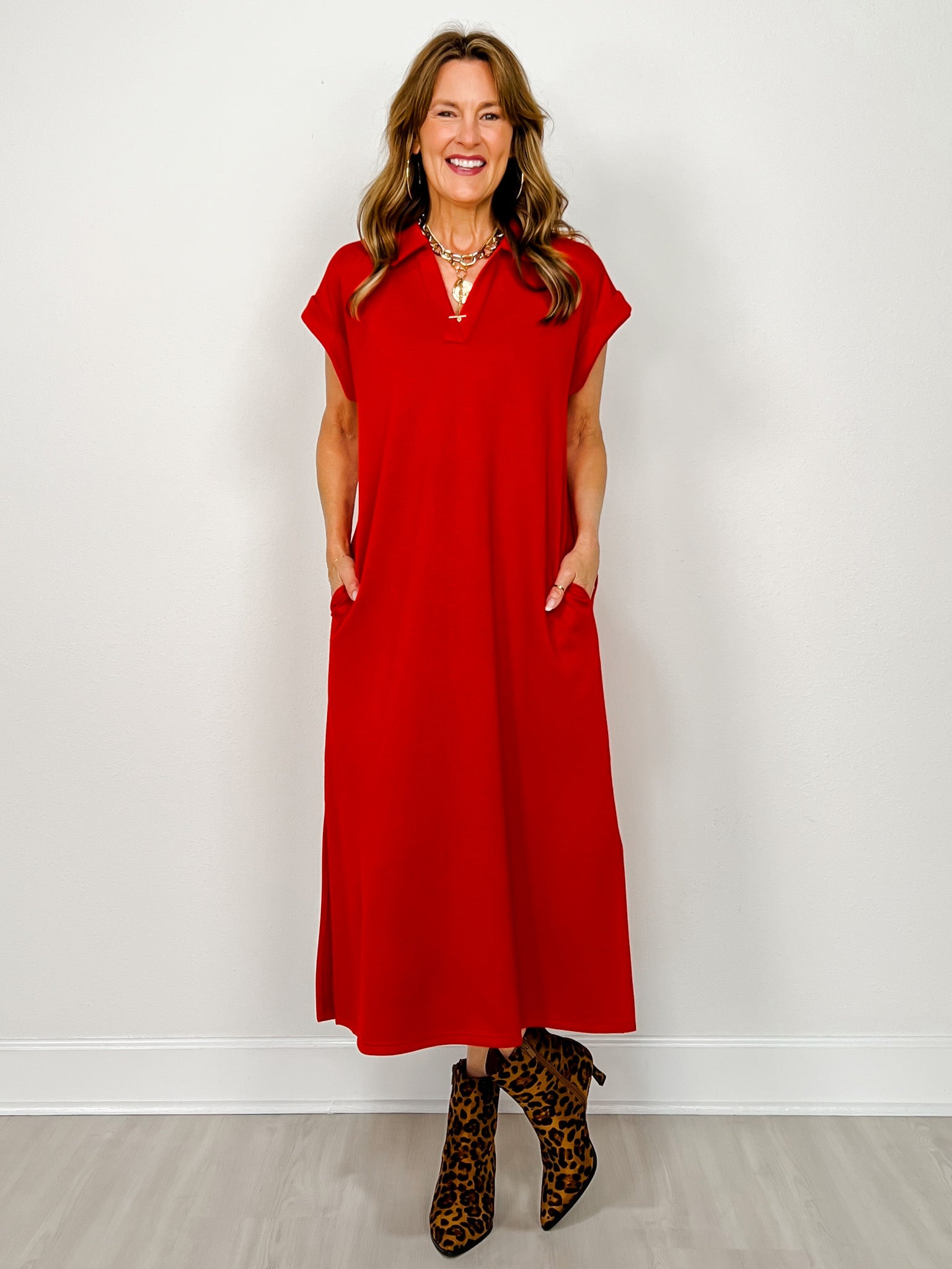 Solid Collared Midi Dress With Pockets