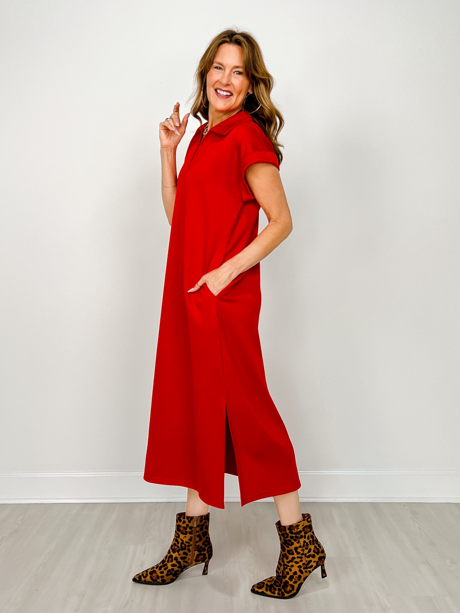 Solid Collared Midi Dress With Pockets