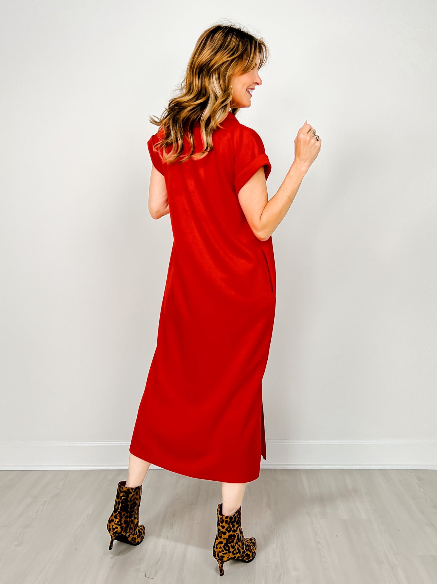 Solid Collared Midi Dress With Pockets