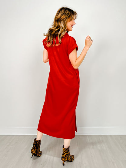 Solid Collared Midi Dress With Pockets