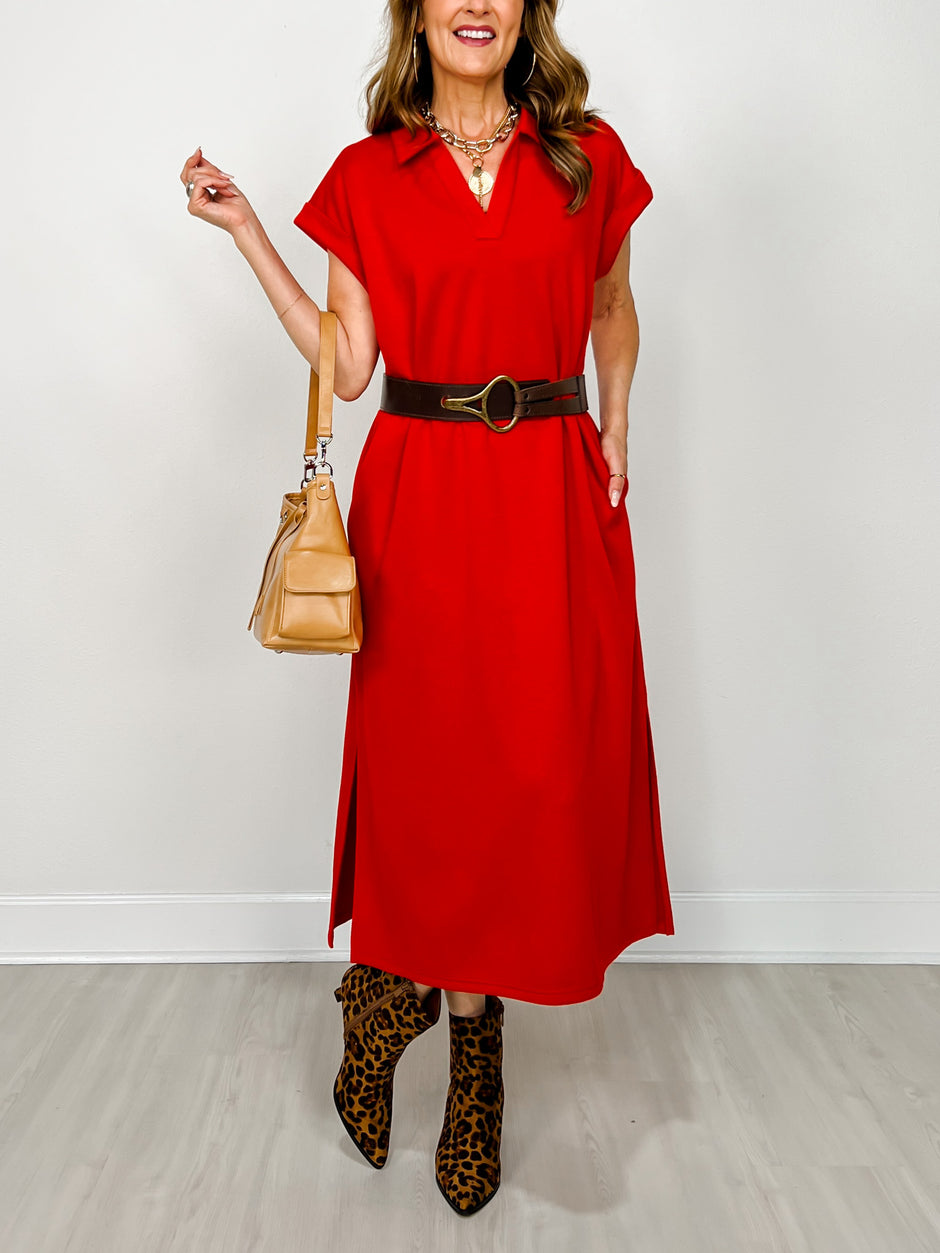 Solid Collared Midi Dress With Pockets
