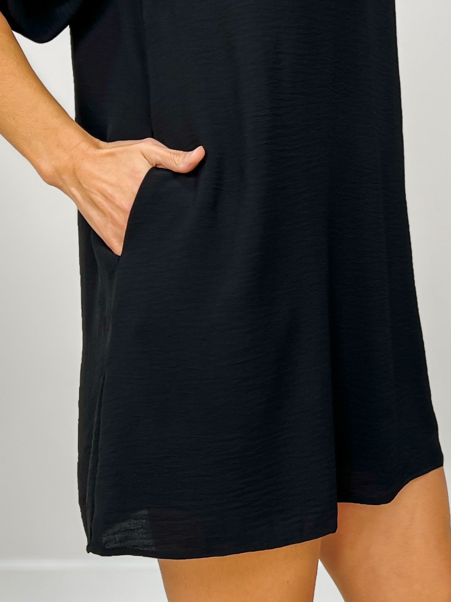 Solid 3/4 Peasant Sleeve Dress with Split U-Neckline