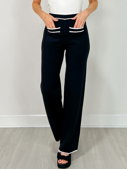 Contrast Piping High Waisted Elastic Waist Band Pants