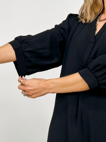 Solid 3/4 Peasant Sleeve Dress with Split U-Neckline