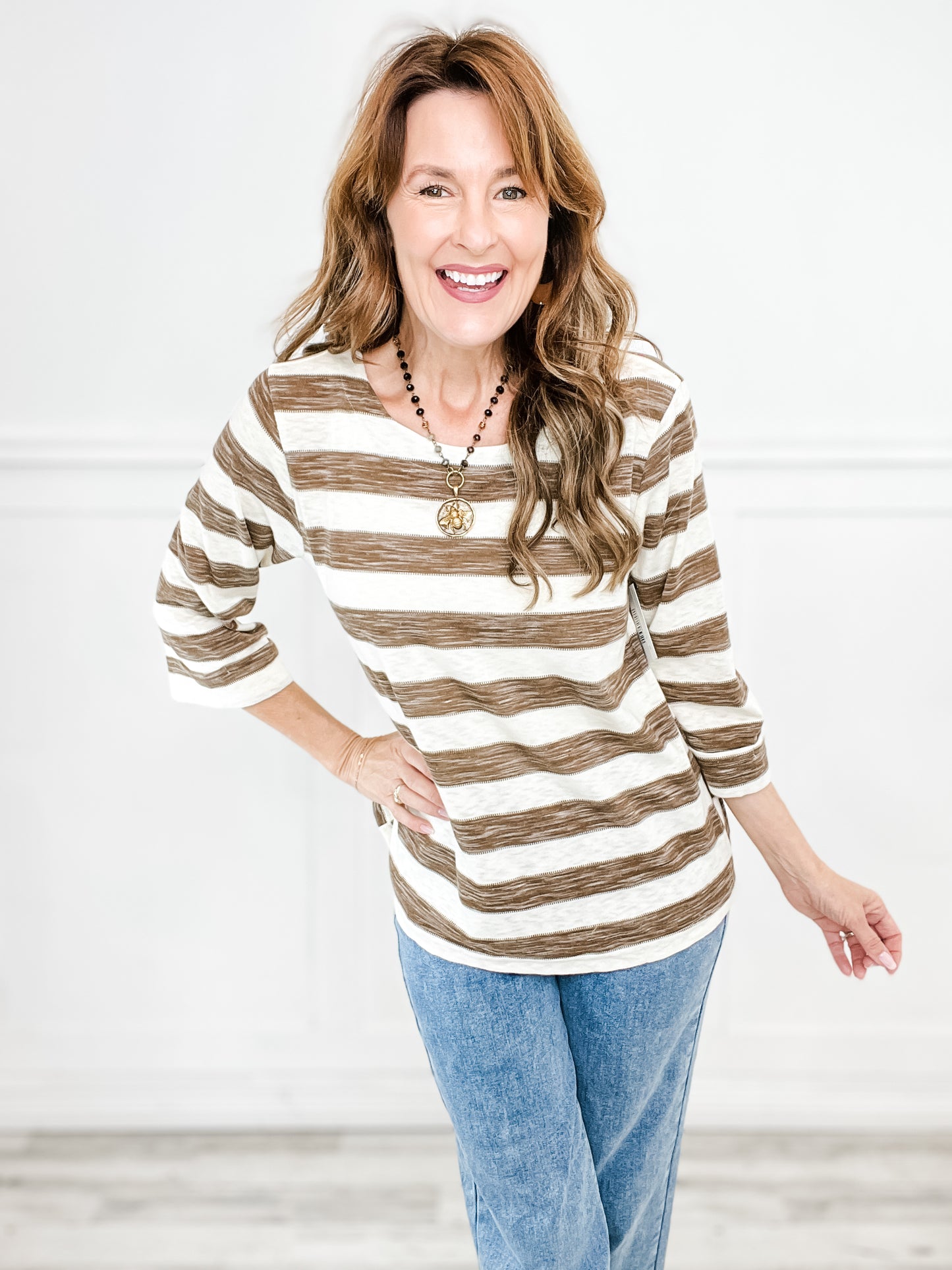 3/4 Length Sleeves Striped Top with Round Hem